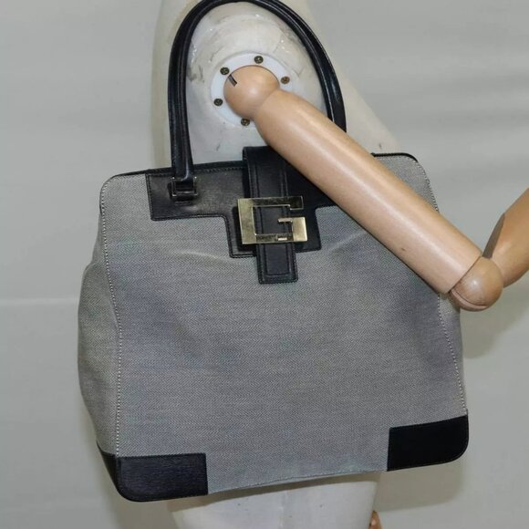 GUCCI Hand Bag Canvas Leather Gray Black gold Auth